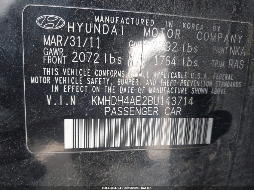 2011 Hyundai Elantra VIN KMHDH4AE2BU143714 IAAI salvage auction — THEFT, Salvage (North Carolina), sold $550 on 2026-07-23 (photo 9)