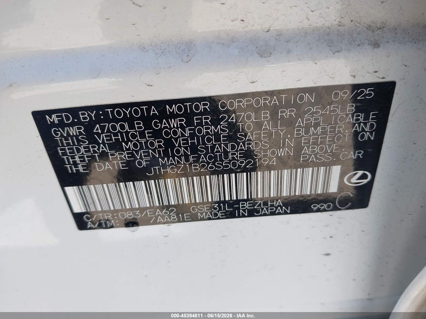 2025 Lexus Is VIN JTHGZ1B26S5092194 IAAI salvage auction — LEFT REAR, Salvage (California), sold $22,475 on 2026-07-13 (photo 9)