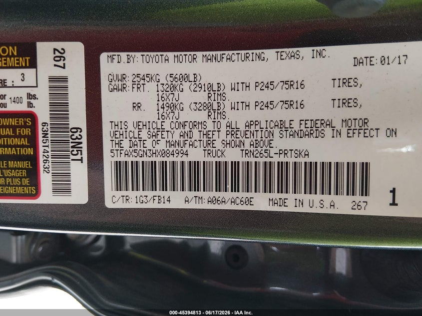 2017 Toyota Tacoma VIN 5TFAX5GN3HX084994 IAAI salvage auction — RIGHT SIDE, Salvage (Alabama), sold $7,750 on 2026-07-27 (photo 9)