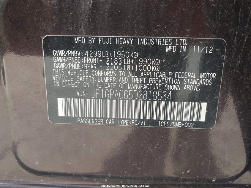 2013 Subaru Impreza VIN JF1GPAC65D2818534 IAAI salvage auction — FRONT END, Salvage Title, sold $325 on 2026-07-17 (photo 9)