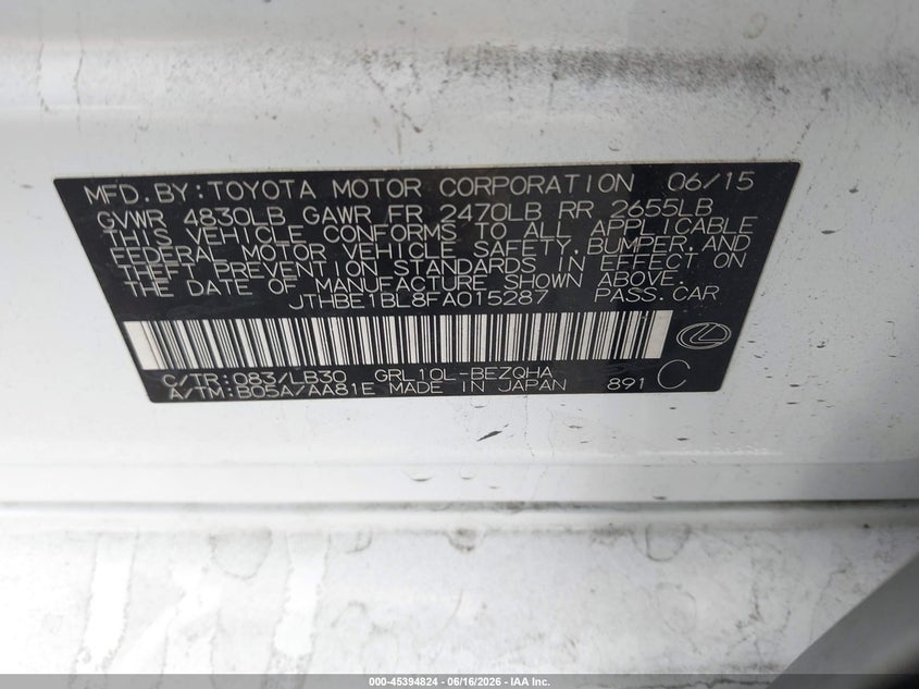 2015 Lexus Gs VIN JTHBE1BL8FA015287 IAAI salvage auction — LEFT FRONT, Salvage (California), sold $5,475 on 2026-07-20 (photo 9)