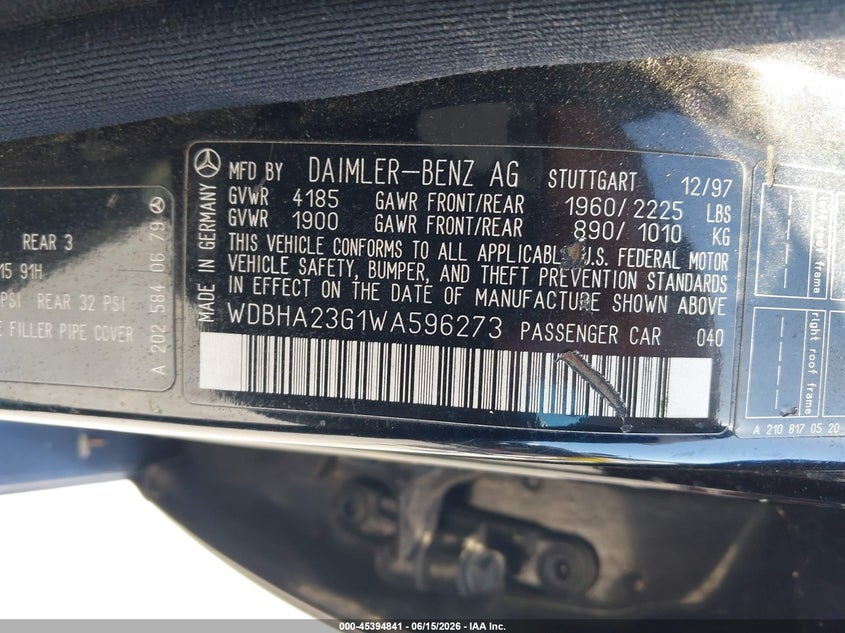 1998 Mercedes-benz C class VIN WDBHA23G1WA596273 IAAI salvage auction — NORMAL WEAR, Clear - Dealer Only (California), sold $300 on 2026-07-29 (photo 9)
