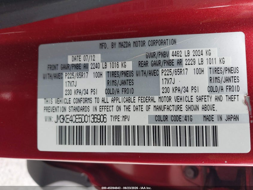 2013 Mazda Cx-5 VIN JM3KE4CE5D0136906 IAAI salvage auction — RIGHT FRONT, Salvage Title, sold $1,300 on 2026-07-22 (photo 9)