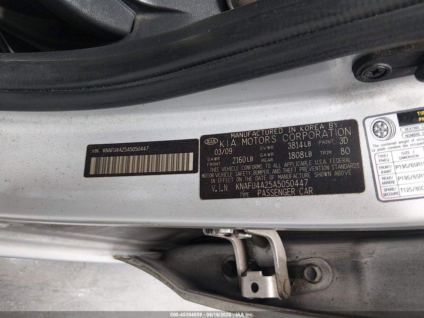 2010 Kia Forte VIN KNAFU4A25A5050447 IAAI salvage auction — FRONT END, Rebuildable (Florida), sold $500 on 2026-07-09 (photo 9)