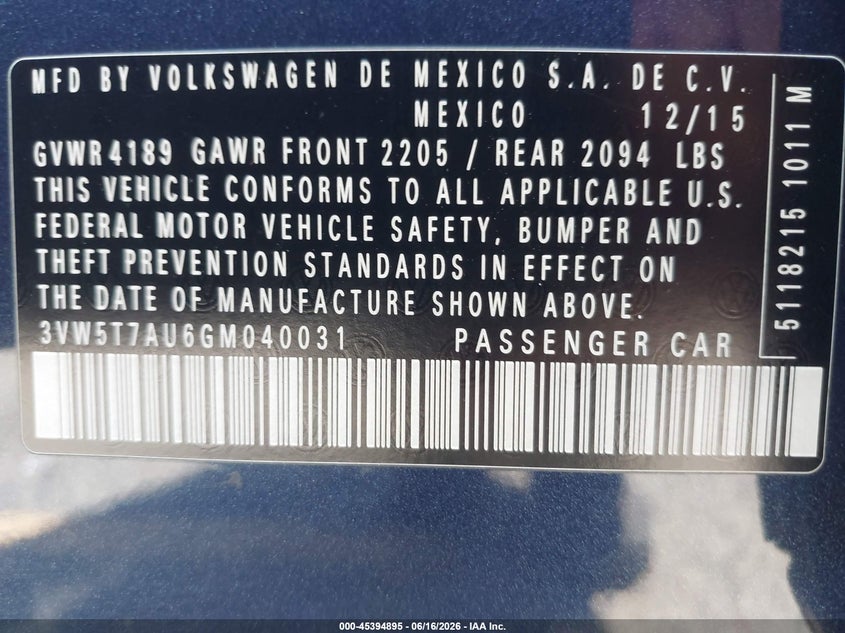 2016 Volkswagen Golf gti VIN 3VW5T7AU6GM040031 IAAI salvage auction — LEFT REAR, Wait Title, sold $4,825 on 2026-08-03 (photo 9)