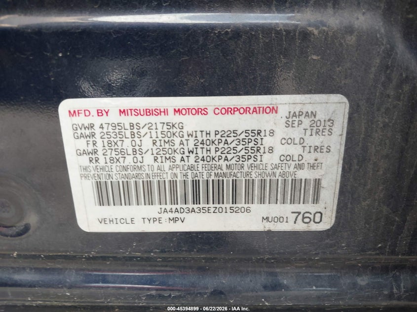 2014 Mitsubishi Outlander VIN JA4AD3A35EZ015206 IAAI salvage auction — FRONT & REAR, Salvage (Texas), sold $1,000 on 2026-07-13 (photo 9)