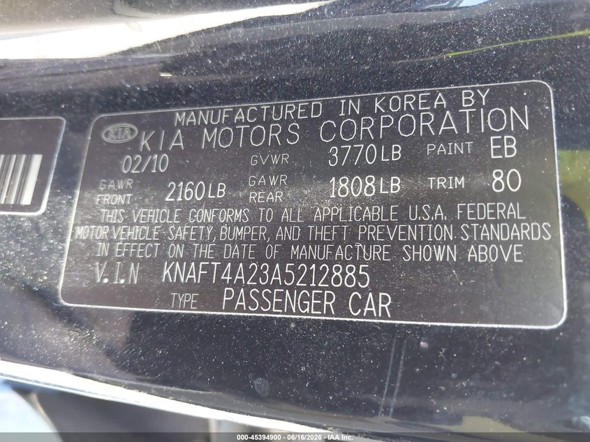 2010 Kia Forte VIN KNAFT4A23A5212885 IAAI salvage auction — LEFT & RIGHT, Salvage - Greater Than 75% (Maryland), sold $275 on 2026-07-09 (photo 9)