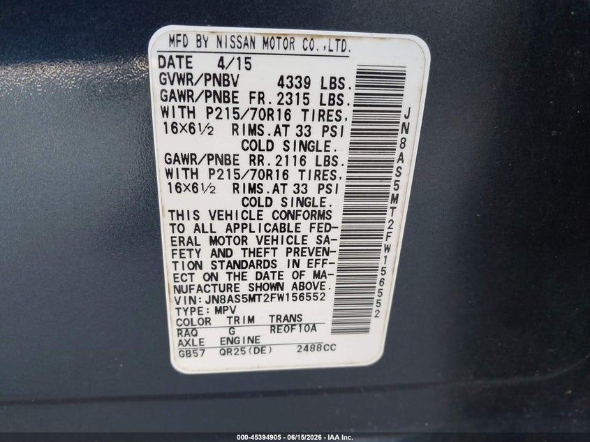 2015 Nissan Rogue VIN JN8AS5MT2FW156552 IAAI salvage auction — NORMAL WEAR, Clear (Florida), sold $475 on 2026-07-17 (photo 9)