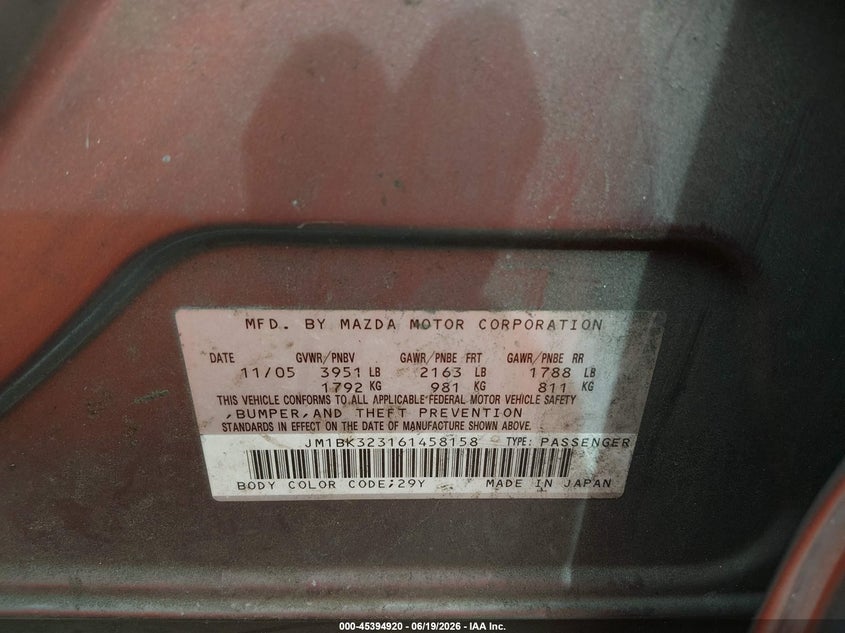 2006 Mazda 3 VIN JM1BK323161458158 IAAI salvage auction — SIDE, Salvage (Georgia), sold $300 on 2026-07-31 (photo 9)