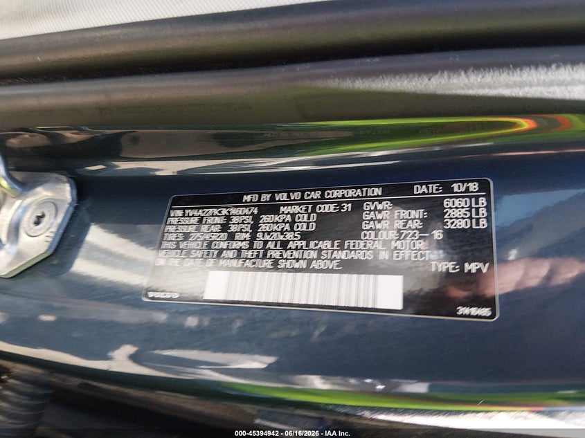 2019 Volvo Xc90 VIN YV4A22PK3K1460474 IAAI salvage auction — LEFT REAR, Junk (Oklahoma), sold $6,900 on 2026-07-22 (photo 9)