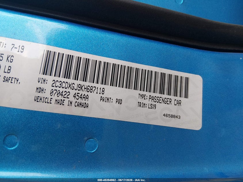 2019 Dodge Charger VIN 2C3CDXGJ9KH687118 IAAI salvage auction — THEFT, Clear (South Carolina), sold $13,600 on 2026-07-29 (photo 9)