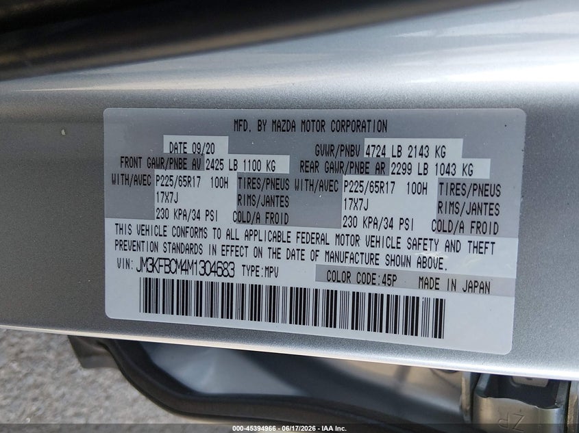 2021 Mazda Cx-5 VIN JM3KFBCM4M1304683 IAAI salvage auction — FRONT END, Salvage (New Jersey), sold $6,900 on 2026-07-30 (photo 9)
