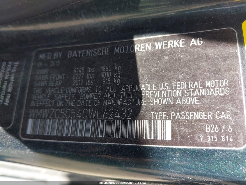 2012 Mini VIN WMWZC5C54CWL62432 IAAI salvage auction — NORMAL WEAR, Clear (New York), sold $400 on 2026-07-17 (photo 9)