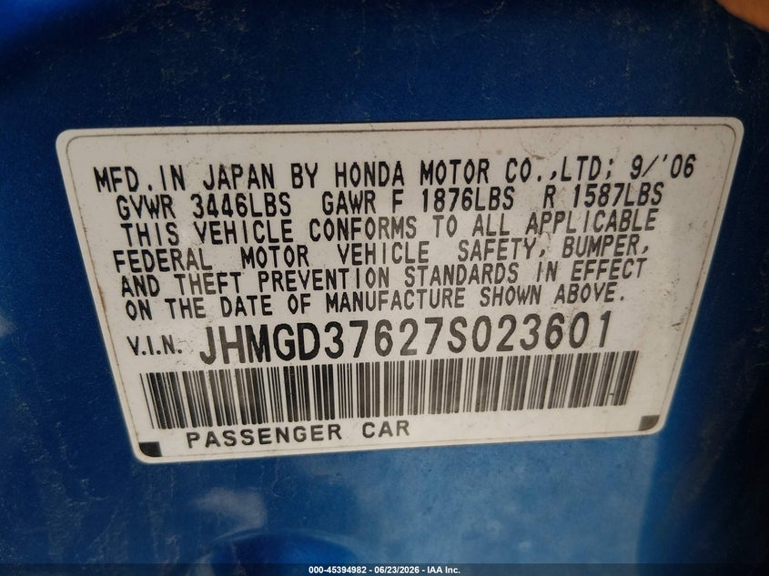 2007 Honda Fit VIN JHMGD37627S023601 IAAI salvage auction — LEFT REAR, Clear (Indiana), sold $500 on 2026-07-29 (photo 9)