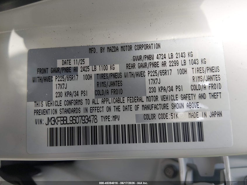 2025 Mazda Cx-5 VIN JM3KFBBL9S0793478 IAAI salvage auction — FRONT END, Salvage Title, sold $5,100 on 2026-07-30 (photo 9)