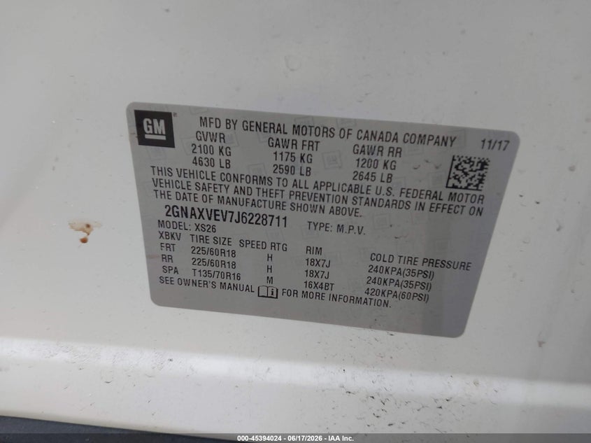 2018 Chevrolet Equinox VIN 2GNAXVEV7J6228711 IAAI salvage auction — RIGHT FRONT, Salvage (Illinois), sold $3,750 on 2026-07-11 (photo 9)