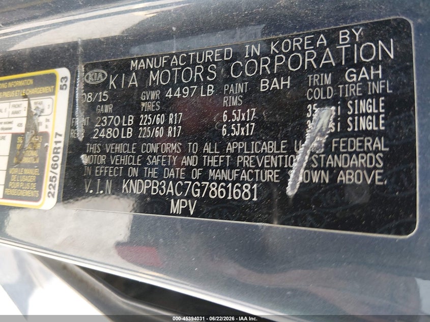 2016 Kia Sportage VIN KNDPB3AC7G7861681 IAAI salvage auction — FRONT END, Salvage (South Carolina), sold $300 on 2026-07-15 (photo 9)
