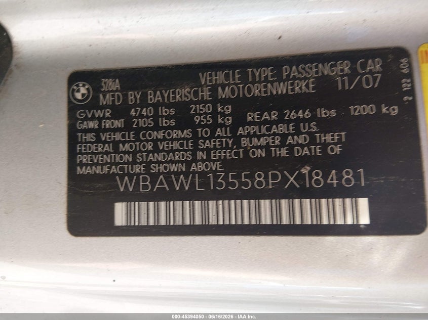 2008 BMW 3 series VIN WBAWL13558PX18481 IAAI salvage auction — HAIL, Clear (Missouri), sold $1,600 on 2026-07-20 (photo 9)