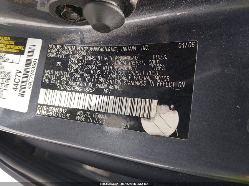 2006 Toyota Sienna VIN 5TDZA22C96S448752 IAAI salvage auction — TRANSMISSION, Clear (Virginia), sold $1,100 on 2026-07-24 (photo 9)