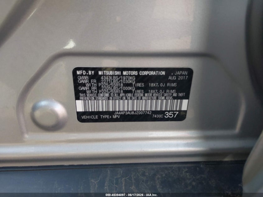 2018 Mitsubishi Outlander VIN JA4AP3AU8JZ007742 IAAI salvage auction — RIGHT SIDE, Salvage Title, sold $1,750 on 2026-07-29 (photo 9)