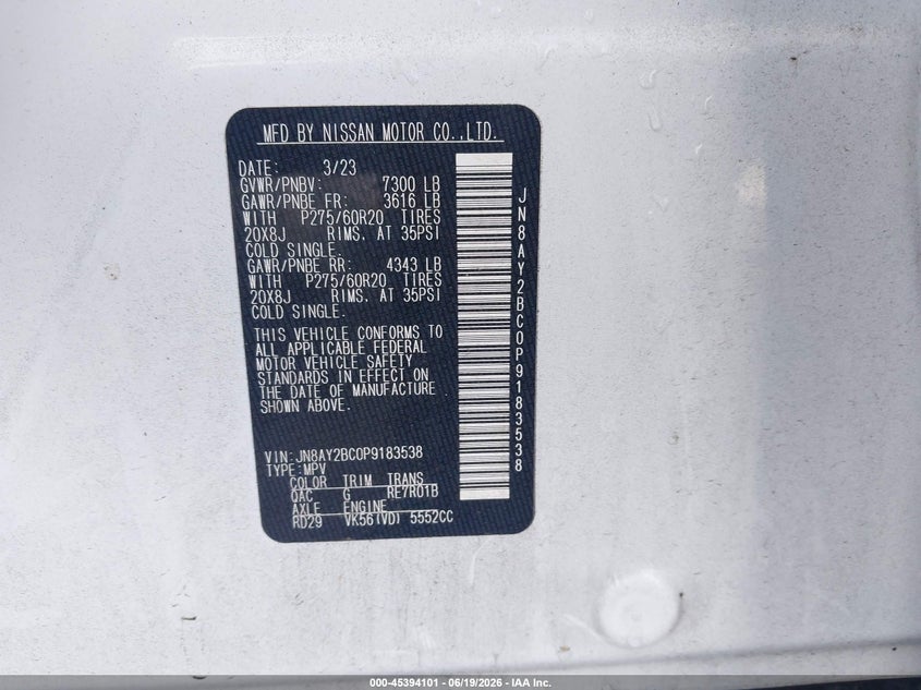 2023 Nissan Armada VIN JN8AY2BC0P9183538 IAAI salvage auction — RIGHT FRONT, Salvage (Idaho), sold $11,500 on 2026-07-11 (photo 9)