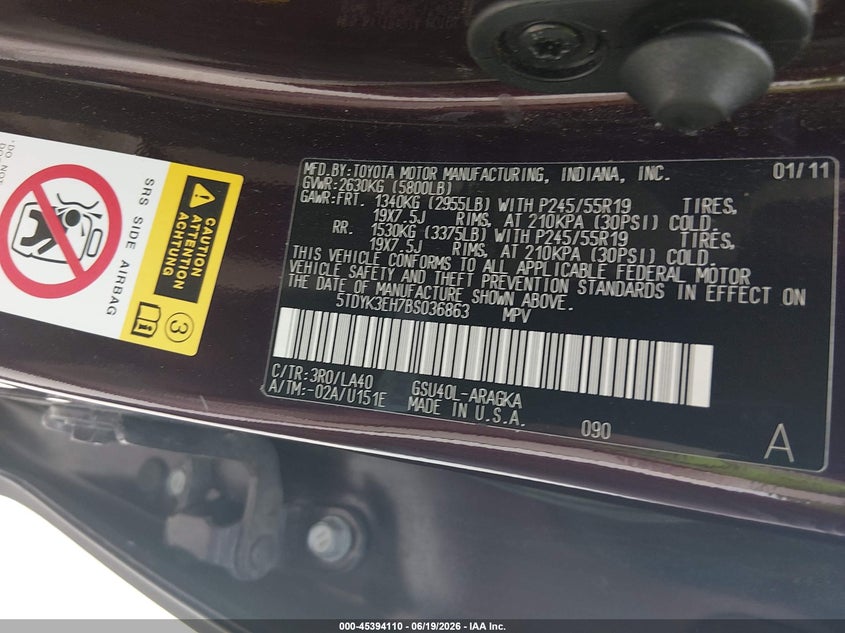 2011 Toyota Highlander VIN 5TDYK3EH7BS036863 IAAI salvage auction — REPOSSESSION, Nrc Lienholder Repossession Paperwork (Texas), sold $4,500 on 2026-07-10 (photo 9)