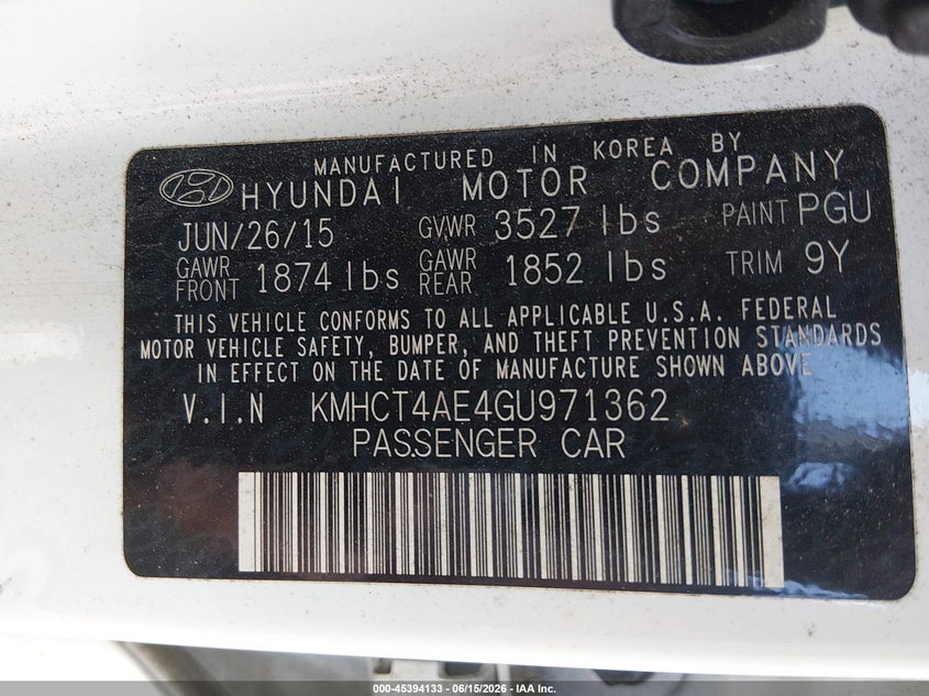 2016 Hyundai Accent VIN KMHCT4AE4GU971362 IAAI salvage auction — NORMAL WEAR, Clear (Virginia), sold $1,000 on 2026-07-10 (photo 9)