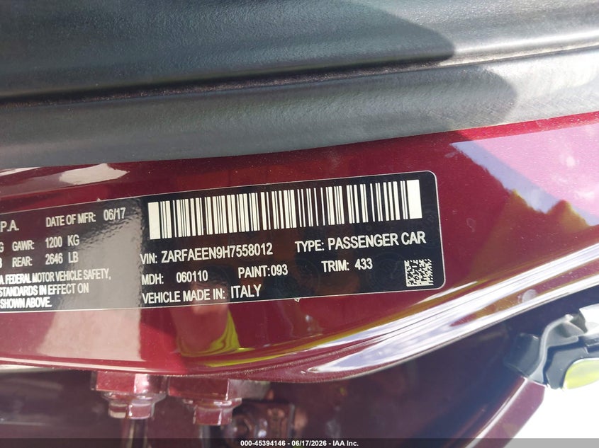 2017 Alfa romeo Giulia VIN ZARFAEEN9H7558012 IAAI salvage auction — FRONT END, Salvage (Kansas), sold $7,000 on 2026-07-15 (photo 9)