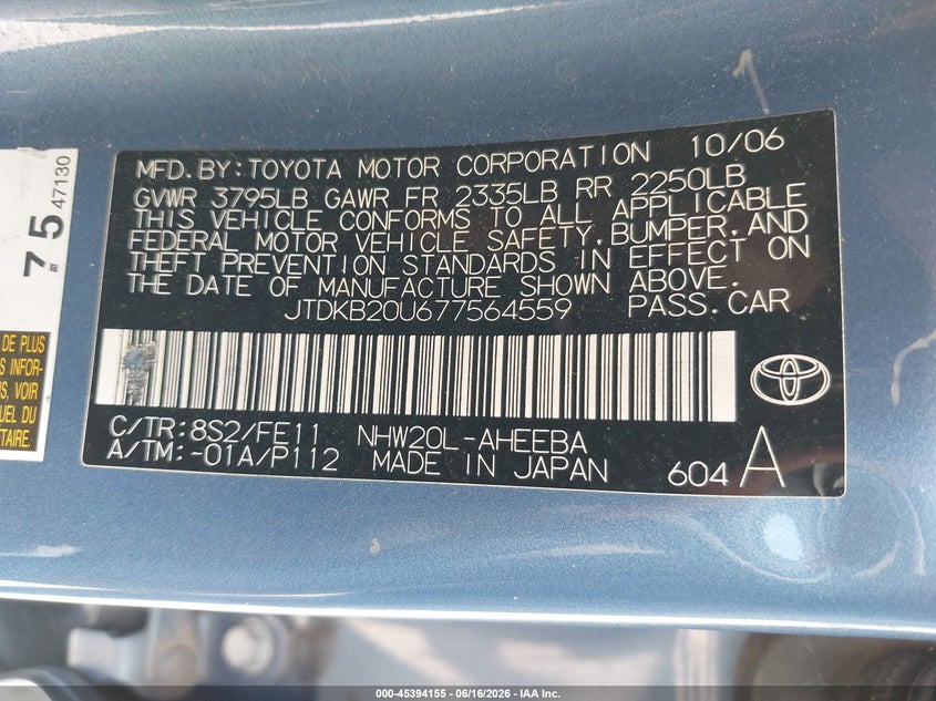 2007 Toyota Prius VIN JTDKB20U677564559 IAAI salvage auction — FRONT END, Salvage (Texas), sold $425 on 2026-07-15 (photo 9)