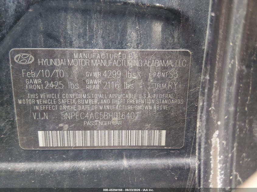 2011 Hyundai Sonata VIN 5NPEC4AC5BH016407 IAAI salvage auction — REAR END, Clear (Tennessee), sold $250 on 2026-07-16 (photo 9)
