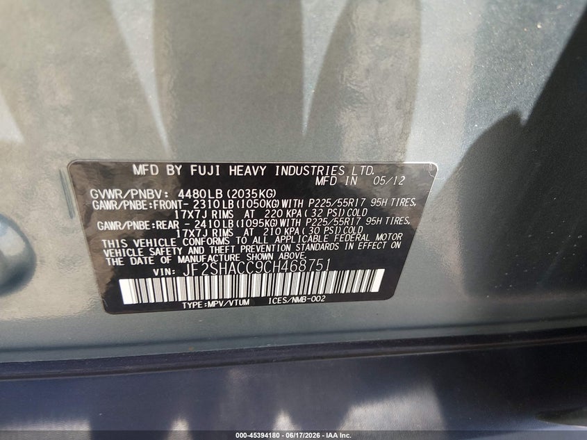 2012 Subaru Forester VIN JF2SHACC9CH468751 IAAI salvage auction — REAR END, Salvage (West Virginia), sold $825 on 2026-07-22 (photo 9)
