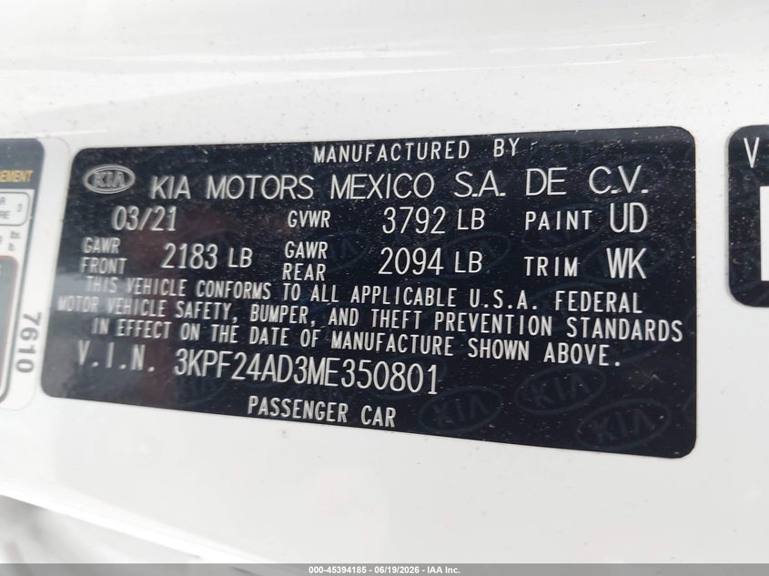 2021 Kia Forte VIN 3KPF24AD3ME350801 IAAI salvage auction — FRONT END, Salvage (Virginia), sold $2,250 on 2026-07-10 (photo 9)