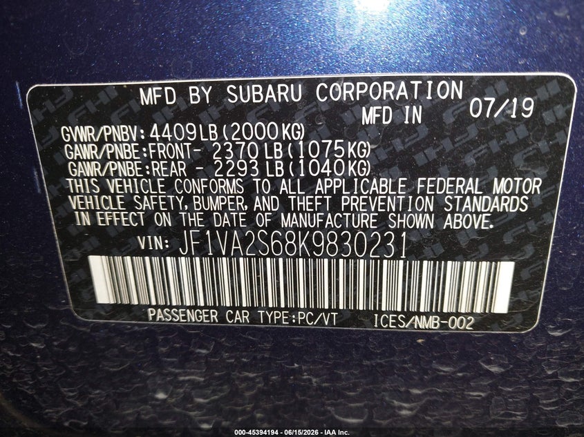 2019 Subaru Wrx sti VIN JF1VA2S68K9830231 IAAI salvage auction — LEFT FRONT, Salvage (Oregon), sold $11,600 on 2026-08-13 (photo 9)