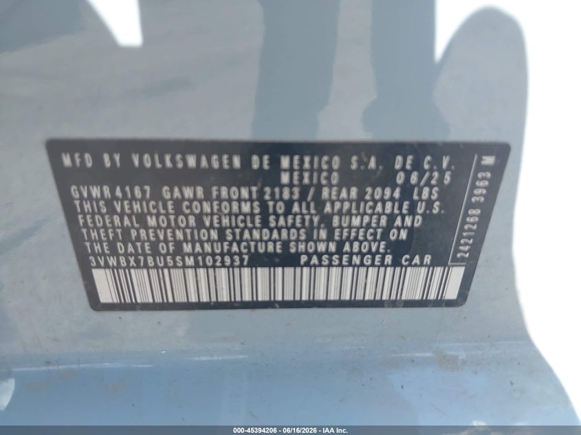 2025 Volkswagen Jetta VIN 3VWBX7BU5SM102937 IAAI salvage auction — FRONT END, Salvage Title, sold $5,800 on 2026-07-31 (photo 9)