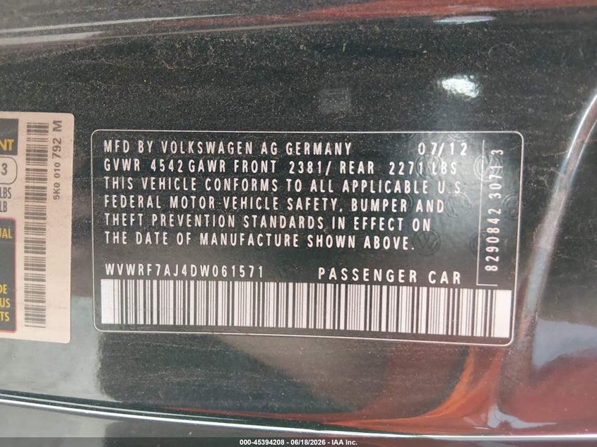 2013 Volkswagen Golf r VIN WVWRF7AJ4DW061571 IAAI salvage auction — FRONT END, Salvage (New Jersey), sold $775 on 2026-07-28 (photo 9)