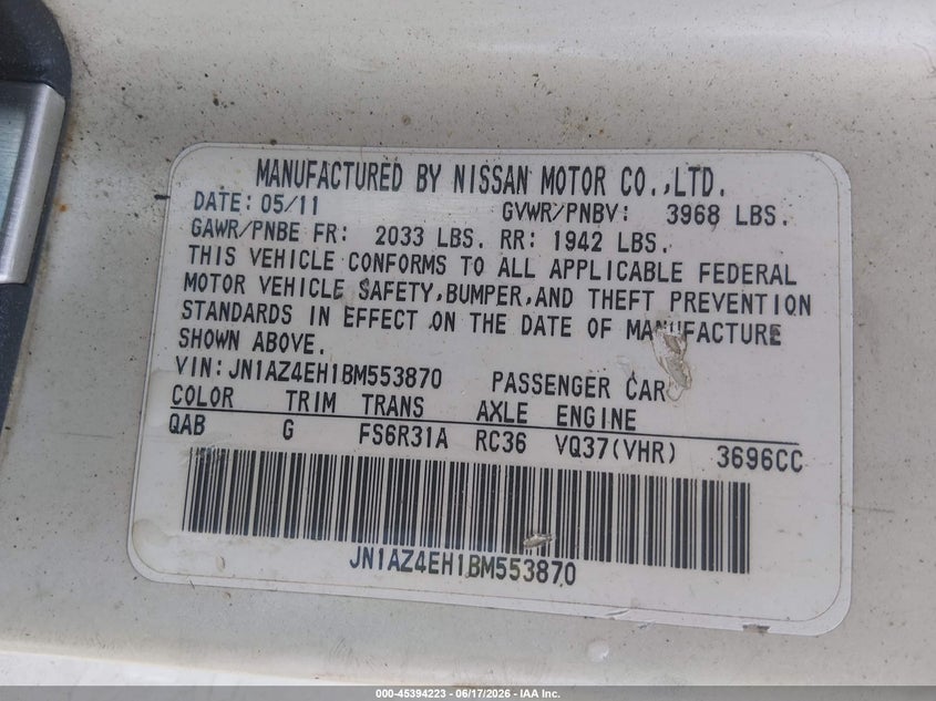 2011 Nissan 370z VIN JN1AZ4EH1BM553870 IAAI salvage auction — RIGHT SIDE, Salvage (North Carolina), sold $3,550 on 2026-07-08 (photo 9)