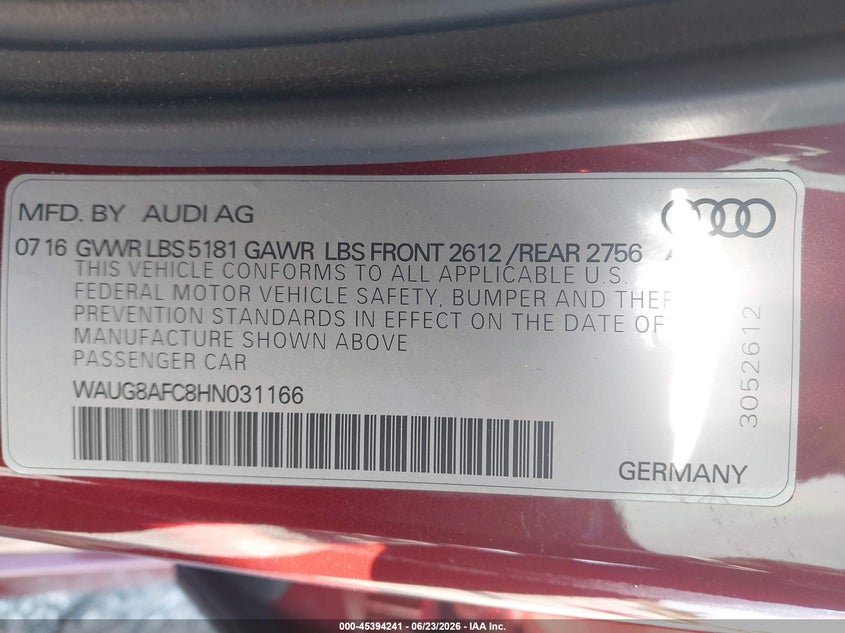 2017 Audi A6 VIN WAUG8AFC8HN031166 IAAI salvage auction — UNDERCARRIAGE, Salvage (California), sold $4,750 on 2026-07-21 (photo 9)