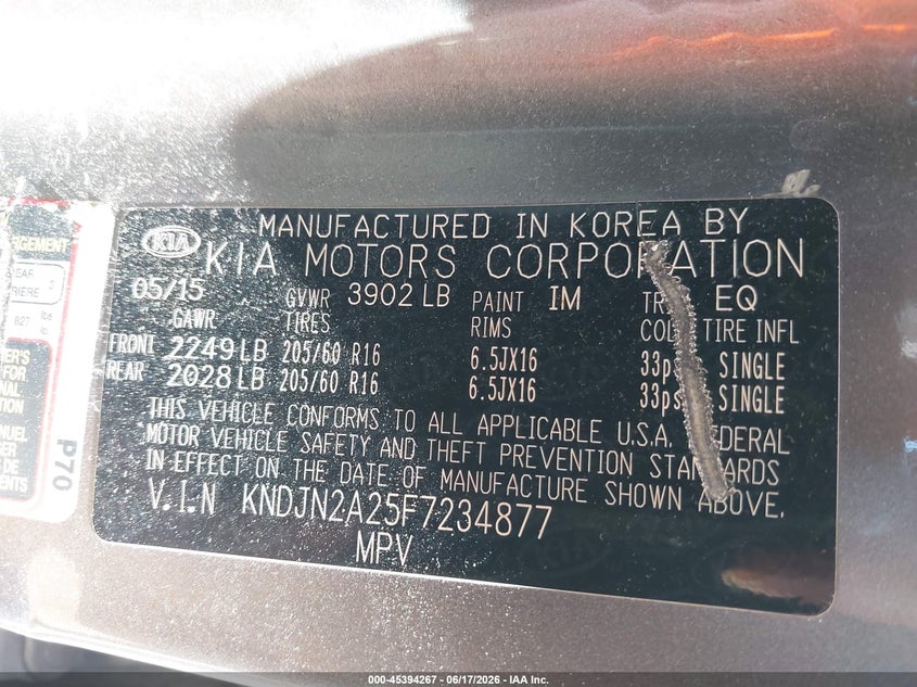 2015 Kia Soul VIN KNDJN2A25F7234877 IAAI salvage auction — REAR END, Salvage - Greater Than 75% (Maryland), sold $725 on 2026-07-29 (photo 9)