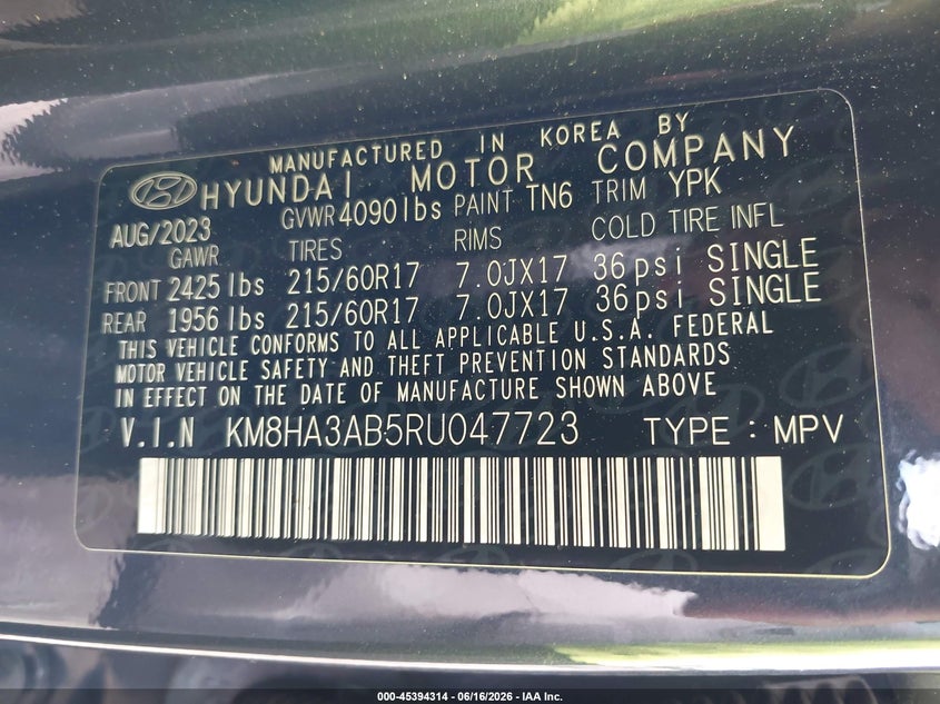 2024 Hyundai Kona VIN KM8HA3AB5RU047723 IAAI salvage auction — FRONT END, Rebuildable (Florida), sold $2,150 on 2026-07-30 (photo 9)