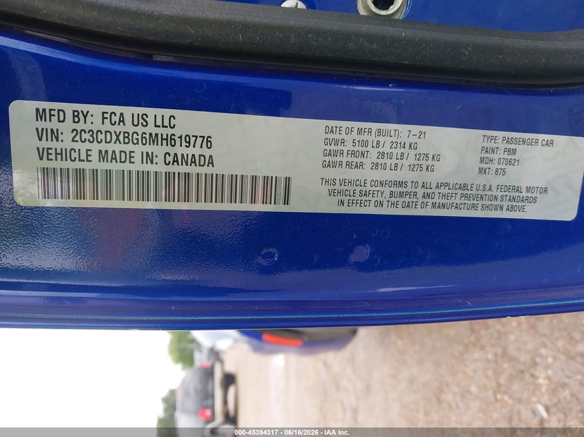2021 Dodge Charger VIN 2C3CDXBG6MH619776 IAAI salvage auction — FRONT & REAR, Original (Texas), sold $5,800 on 2026-08-01 (photo 9)