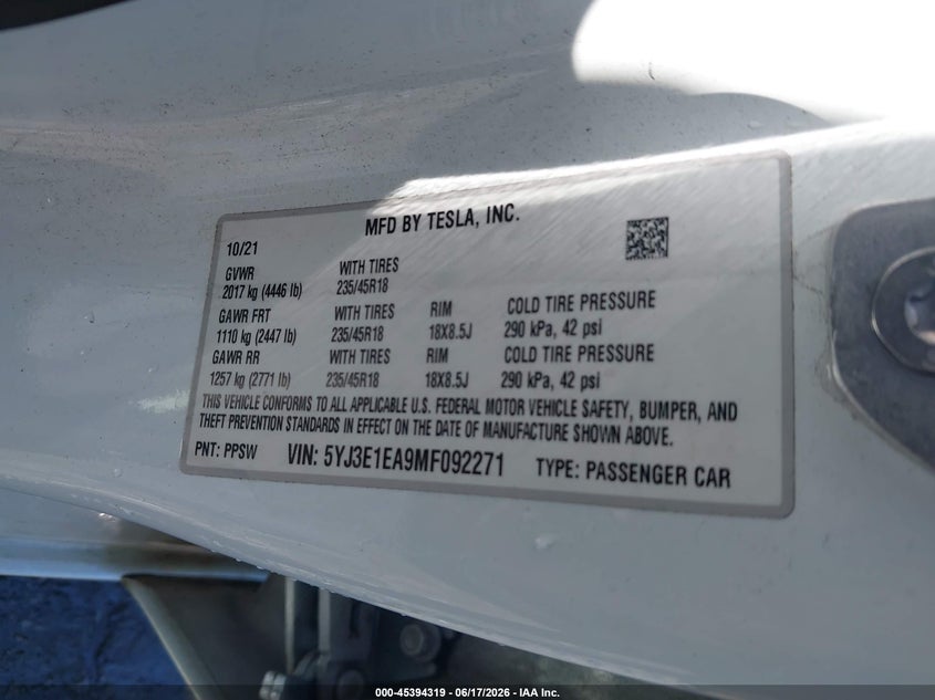 2021 Tesla Model 3 VIN 5YJ3E1EA9MF092271 IAAI salvage auction — FRONT END, Salvage (North Carolina), sold $5,100 on 2026-07-15 (photo 9)