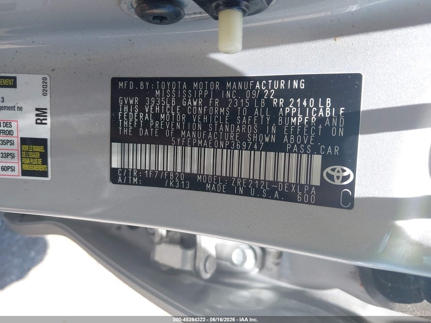 2022 Toyota Corolla VIN 5YFEPMAE0NP369747 IAAI salvage auction — FRONT & REAR, Certificate Of Destruction (Florida), sold $2,325 on 2026-07-23 (photo 9)