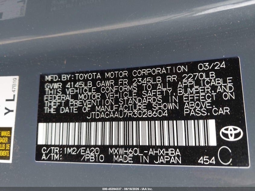 2024 Toyota Prius VIN JTDACAAU7R3028604 IAAI salvage auction — FRONT END, Salvage Title, sold $25 on 2026-07-29 (photo 9)