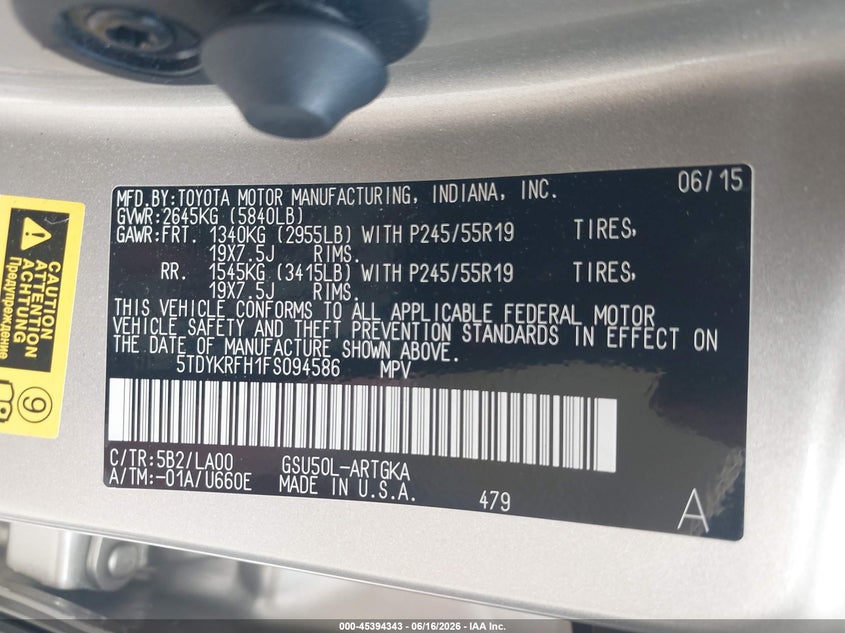 2015 Toyota Highlander VIN 5TDYKRFH1FS094586 IAAI salvage auction — FRONT END, Original (Texas), sold $8,400 on 2026-07-30 (photo 9)