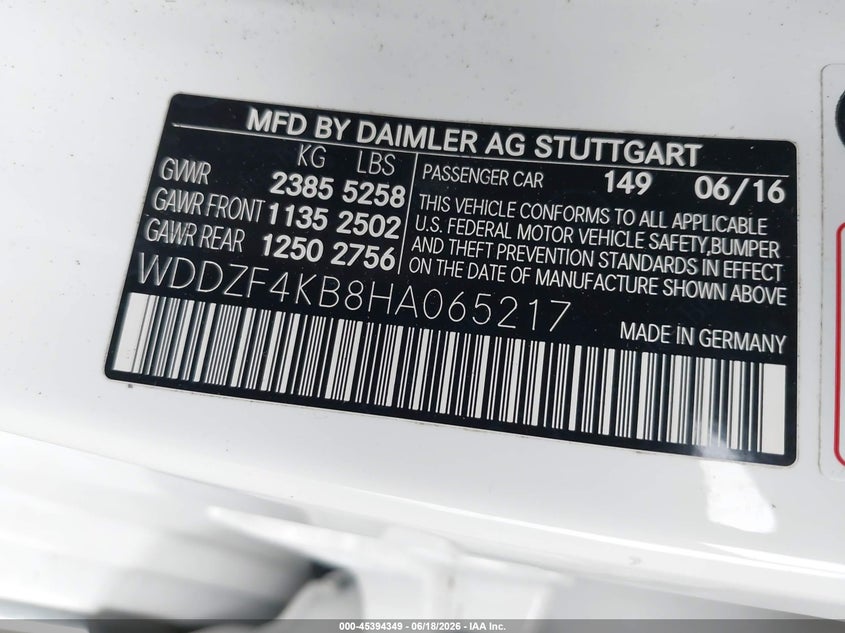 2017 Mercedes-benz E-klasse VIN WDDZF4KB8HA065217 IAAI salvage auction — FRONT END, Wait Title, sold $2,150 on 2026-08-11 (photo 9)