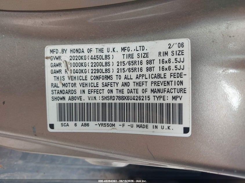2006 Honda Cr-v VIN SHSRD788X6U426215 IAAI salvage auction — NORMAL WEAR, Clear (New York), sold $425 on 2026-07-21 (photo 9)