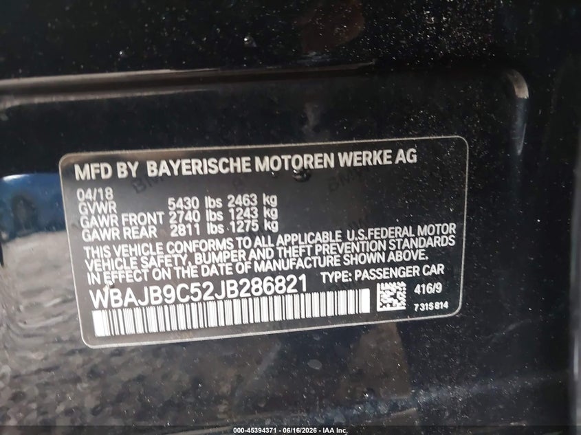 2018 BMW 5er VIN WBAJB9C52JB286821 IAAI salvage auction — FRONT END, Salvage (Georgia), sold $8,500 on 2026-07-24 (photo 9)