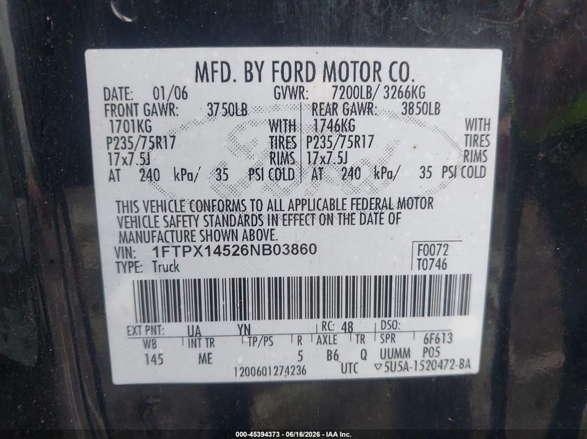 2006 Ford F-150 VIN 1FTPX14526NB03860 IAAI salvage auction — REAR END, Rebuildable (Florida), sold $375 on 2026-07-19 (photo 9)