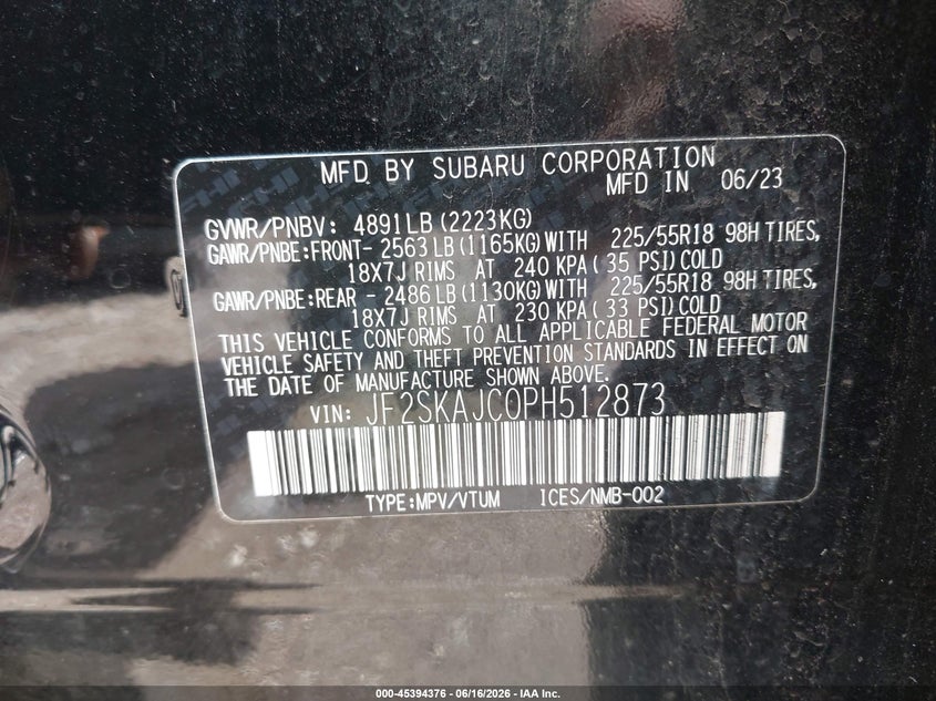 2023 Subaru Forester VIN JF2SKAJC0PH512873 IAAI salvage auction — FRONT & REAR, Original (Ohio), sold $6,900 on 2026-07-23 (photo 9)
