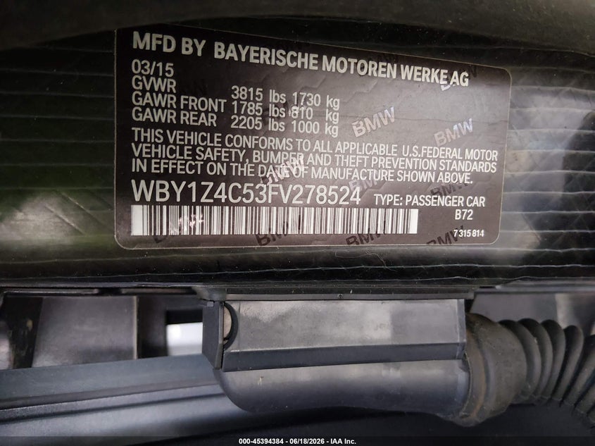 2015 BMW I3 VIN WBY1Z4C53FV278524 IAAI salvage auction — REAR END, Salvage (North Carolina), sold $625 on 2026-07-20 (photo 9)